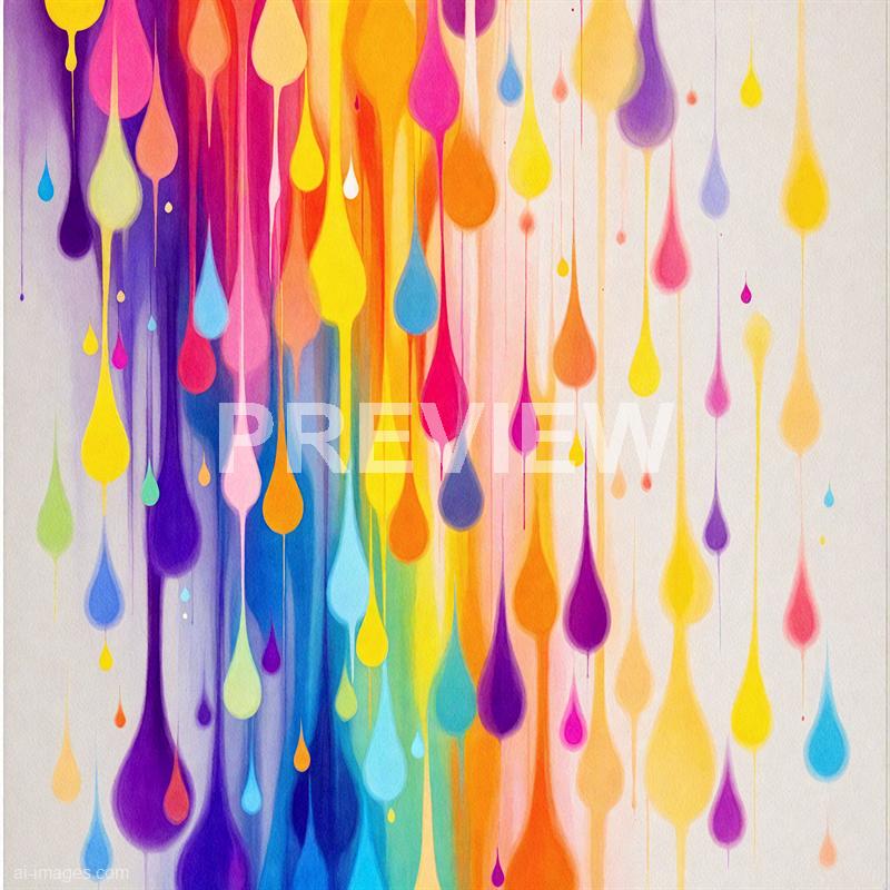 The image features an abstract watercolor painting with numerous colorful drips descending vertically across the canvas. The drips vary in size and color, including shades of purple, pink, orange, yellow, green, and blue, blending seamlessly into each other against a light, textured background. The overall effect is vibrant and dynamic, evoking a sense of movement and fluidity.